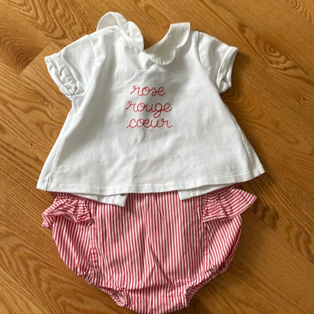 Jacadi bloomer set with collard shirt that buttons down the back.